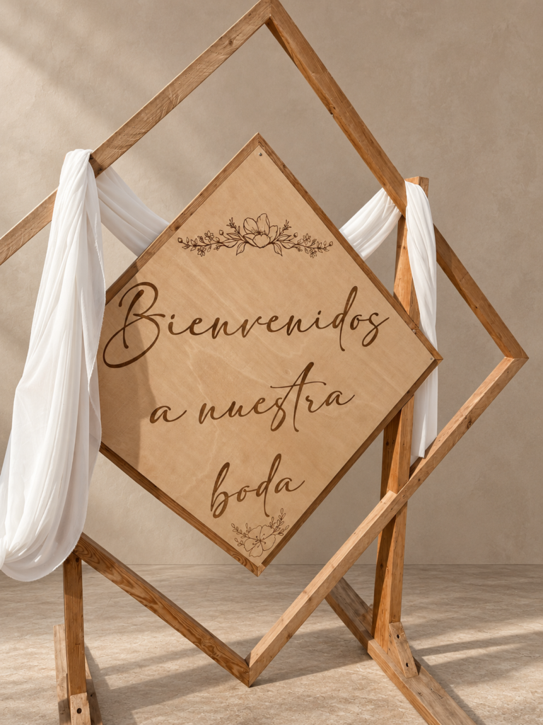 Cartel de madera de bienvenida a una boda sobre estructura geométrica