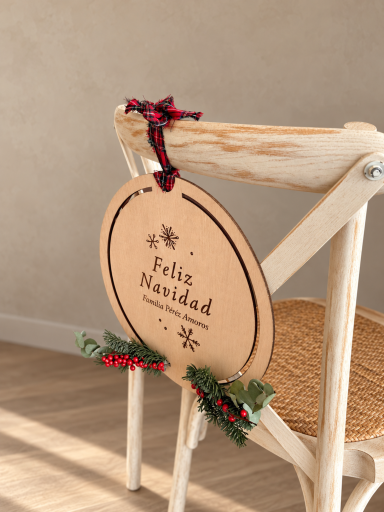 Adorno redondo de madera con mensaje Feliz Navidad colgado de una silla