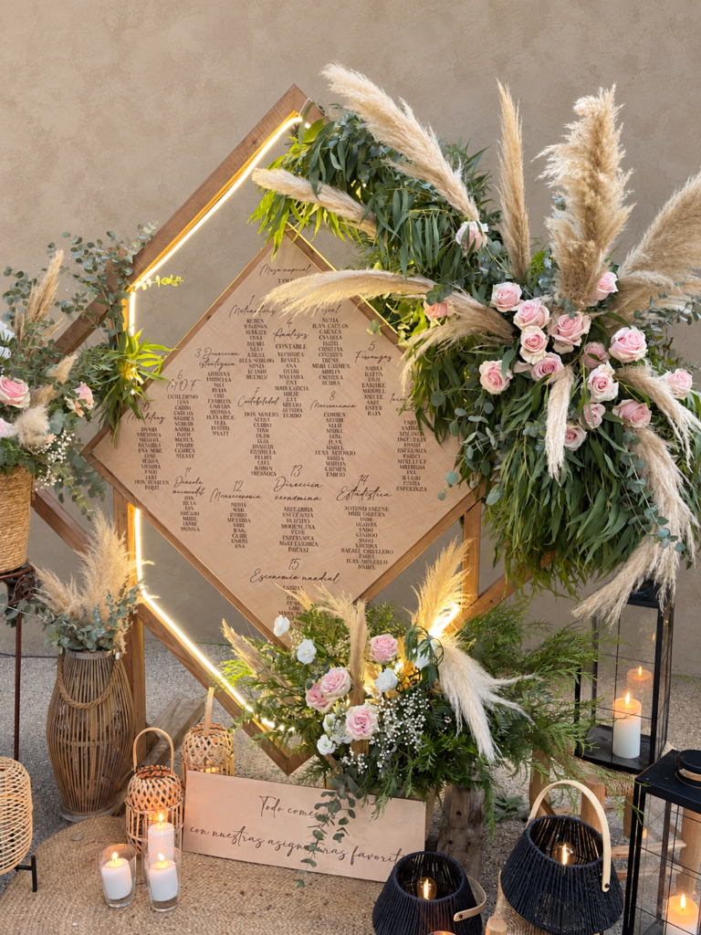 Panel de madera con distribución de mesas para boda, rodeado de flores y luces