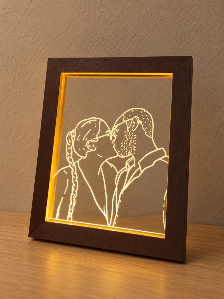 Cuadro de metacrilato iluminado con retrato lineal de una pareja