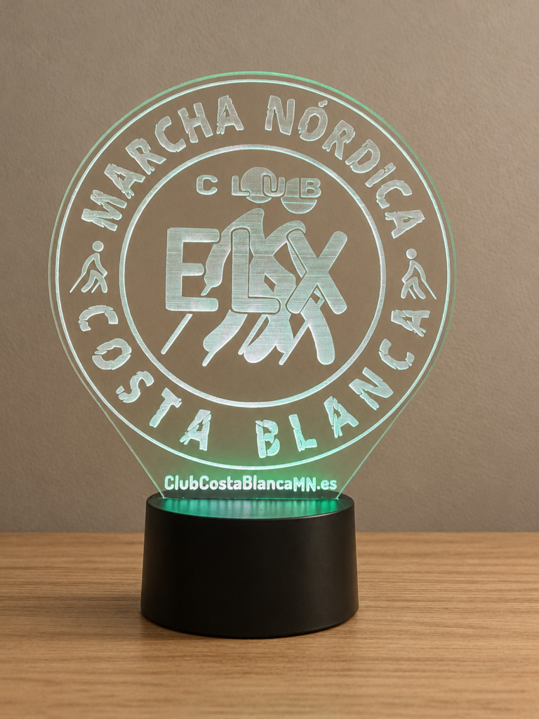 Lámpara redonda de metacrilato con emblema de un club de marcha nórdica